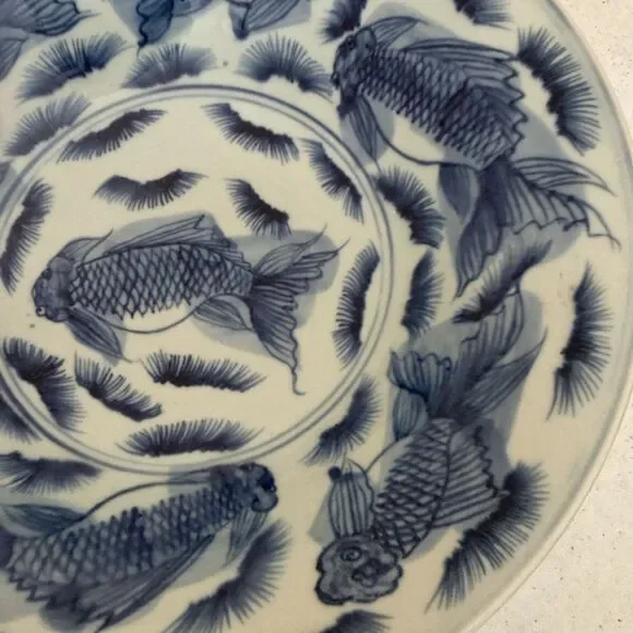 Chinese Antique Blue and White Light Blue Porcelain Bowl w/ Koi Goldfish Pattern - Picture 6 of 14